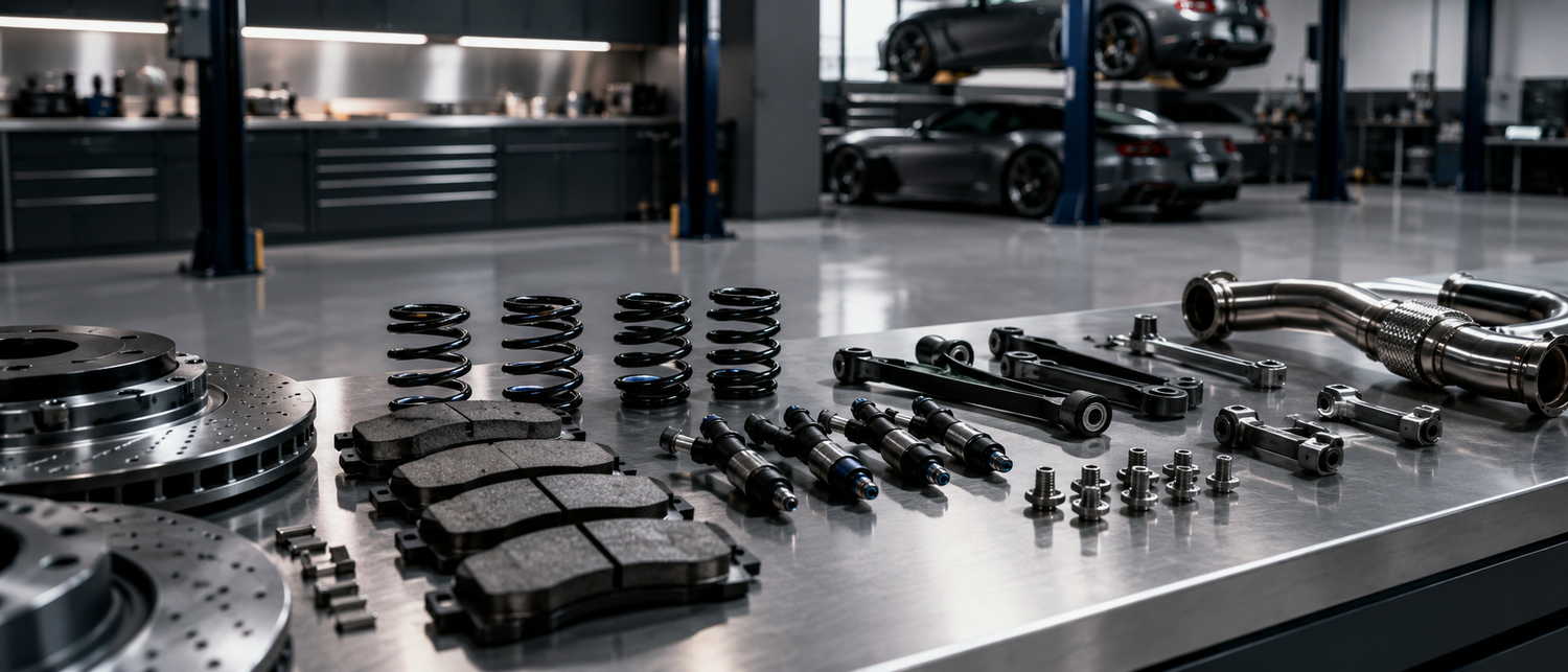 Automotive parts including brake pads and springs on a metal surface in a garage.